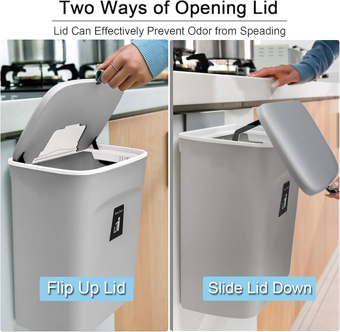 Tiyafuro 2.4 Gallon Kitchen Compost Bin for Counter Top or Under Sink, Hanging Small Trash Can with Lid for Cupboard/Bathroom/Bedroom/Office/Camping, Mountable Indoor Compost Bucket, Gray