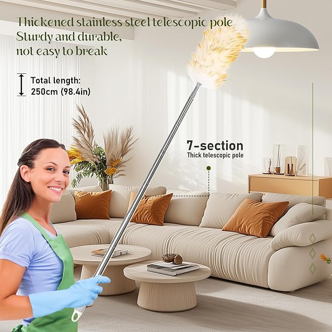 Lambswool Duster for Cleaning with Non-Slip Handle 98.4" Removable Retractable Feather Duster for Cleaning Ceiling Fans Window Blinds Interior Roof Furniture(1PCS)