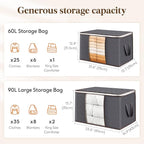 Lifewit 2 Pack 60L Clothes Storage Bins with Lids, Foldable Blanket Storage Bags with Zippers, Clear Window and Reinforced Handles, Closet and Organization for Clothing, Sweater, Comforter, Bedding