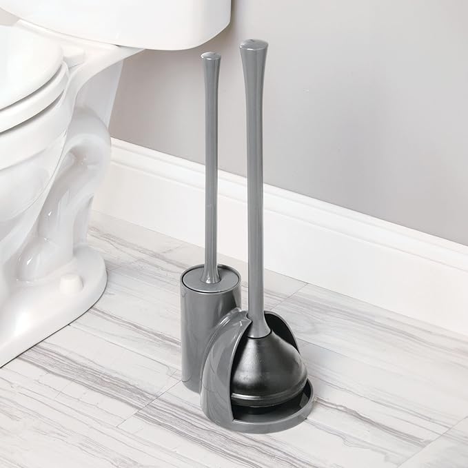 iDesign Compact Toilet Brush and Plunger Set for Bathroom Cleaning and Storage - Gray