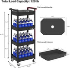 4 Tier Rolling Cart with Handle, Utility Cart with Table Top Easy Assembly Bathroom Storage Cart on Wheels for Office, Living Room, Kitchen, Craft Room, Black