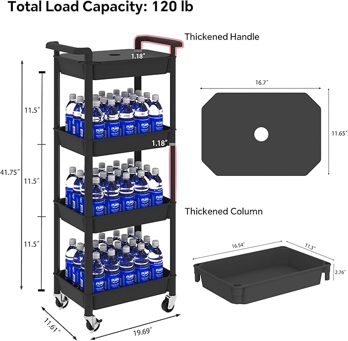 4 Tier Rolling Cart with Handle, Utility Cart with Table Top Easy Assembly Bathroom Storage Cart on Wheels for Office, Living Room, Kitchen, Craft Room, Black