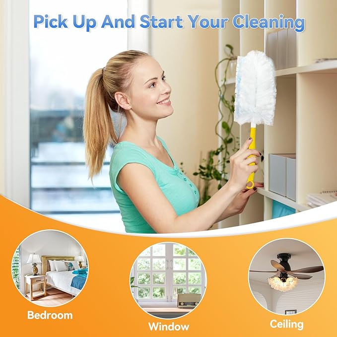 60 Pack Dusters Refills Compatible with Swiffer Duster Handle Models, 180° One Sided Duster Refills for Short and Extendable Handles, with 1 Pack Extendable Handle + 1 Short Handle