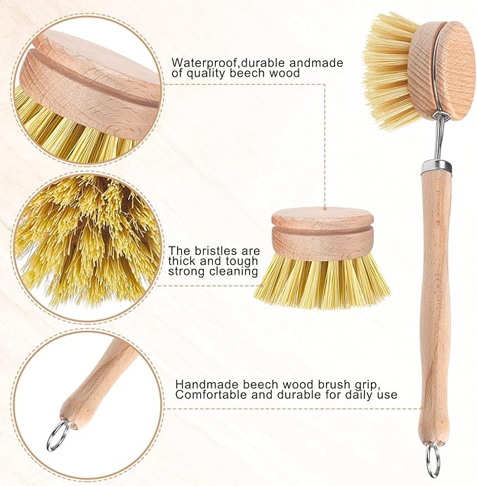 Boao Dish Brush with Beechwood Handle with 5 Replacement Heads Natural Wood Dish Scrub Brush for Washing and Cleaning Pots and Pans