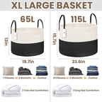 JMvicyroam 115L Extra Large Blanket Basket for Living Room - Woven Cotton Rope Laundry Hamper with Reinforced Handles - Storage Bin for Pillows, Comforters & Toys - Machine Washable,White&Black