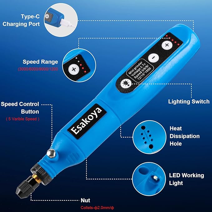 Cordless Rotary Tool, 5-Speed Mini Rotary Tool Kit with 75 Accessories, Multi-Purpose 3.7V Type-C Charging Rotary Tool for Engraving, Sanding, Polishing, Drilling, Grinding, Small DIY Crafts