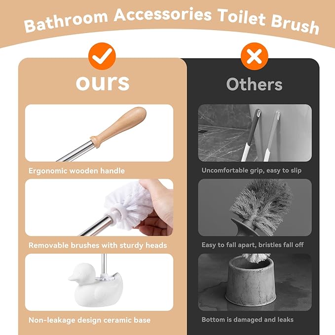White Toilet Brush and Holder Set - Ceramic Bathroom Toilet Scrubber Brush Organizer with Cleaner Brush Kit with Detachable Brush Head & Natural Wood Handle, Toilet Brush & Cute Duck Design