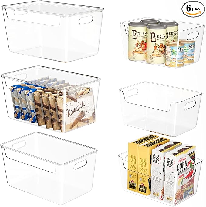 6 PCS Clear Plastic Storage Bins, 2-Sizes Stackable Storage Containers, Pantry Organizers and Storage with Handles, Perfect for Bathroom,Cabinet,Cupboard,Kitchen,Fridge,Closet Organization