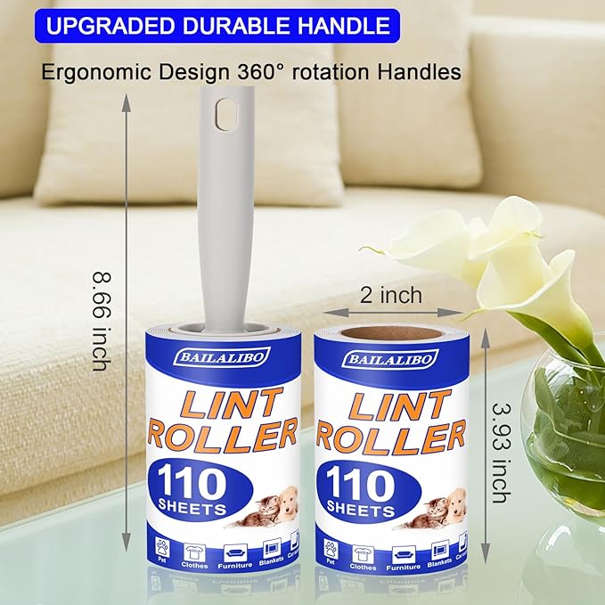 Lint Rollers for Pet Hair Extra Sticky, 440 Sheets Mega Value Set for Clothes, with 2 Handles 4 Refills, Lint Remover for Dog, Cat, Furniture, Carpet