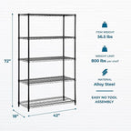 Honey-Can-Do 5-Tier Heavy-Duty Adjustable Shelves, Metal Storage Rack with 800-lb Shelf Capacity, Black, 18" W x 42" L x 72" H
