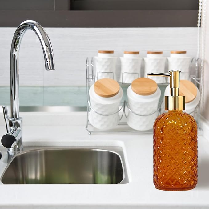 Orange Glass Soap Dispenser, 13.5oz Bathroom Hand Dispenser, Lotion Dispenser with Gold Plastic Pump for Modern Home Decor, Kitchen Countertop, Hotel(2 Pack)