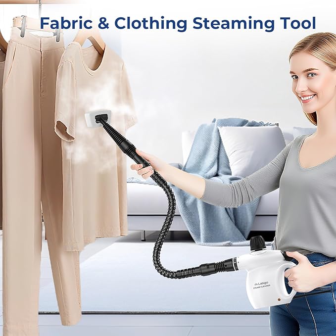 LABIGO Steam Cleaner, Pressurized Handheld 13pcs Multi-Purpose Natural Deep Cleaning Steamer, Portable Steamer for Cleaning Home, Grout, Kitchen, Car, Window, Upholstery, Bathroom and Clothes, White