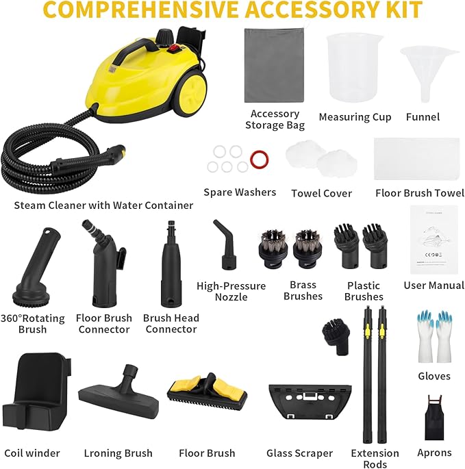 Steam Cleaner, 2000W Portable Household Steamer, 20 Accessories Included Multipurpose Steam Cleaner for Floors, Appliances,Kitchen,Playground,Car (Yellow)