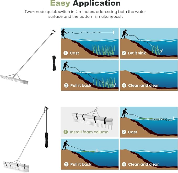 Landscape Rake, 36" Aluminum Heavy Duty Lake Weed Rake, Multifunctional Detachable Aquatic with 67'' Extension Handle & 20Ft Rope, for Weed Algae Removal Loosening Soil Lawn Garden Care