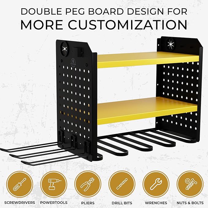 Power Tool Organizer - 6 Drill Holder Wall Mount, 3 Tier Heavy-Duty Hand Storage Rack, Utility Racks, 2 Pegboard Sides - Garage Cordless Organizer (Yellow)