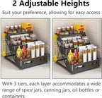 3 Tier Foldable Spice Rack for Countertop Iron Kitchen Seasoning Organizer for Cabinet, Black