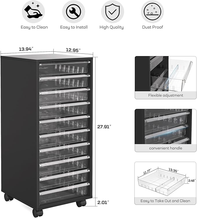 WOPITUES Plastic Storage Drawer Cart, Makeup Organizer and Storage with 10 Large Clear Drawers, Utility Wooden Rolling Cart on Wheels, for Cosmetic, Art Craft, Parts, Office Supplies, Toy, Black