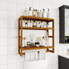 Galood Over The Toilet Storage Bathroom Shelves Wall Mounted 3 Tier Space Saver Corner Shelf Organizer Bamboo Towel Rack Toilet Paper Cabinet with Hanging Rod Brown