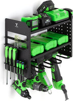 Power Tool Organizer - Wall Mount Storage for Garage Organizes 4 Cordless Drills & Tools - Heavy Duty Rack w Pegboard Sides Shelves & Hooks - Neatly Holds Screwdrivers & Drill Bits BLACK/BLACK