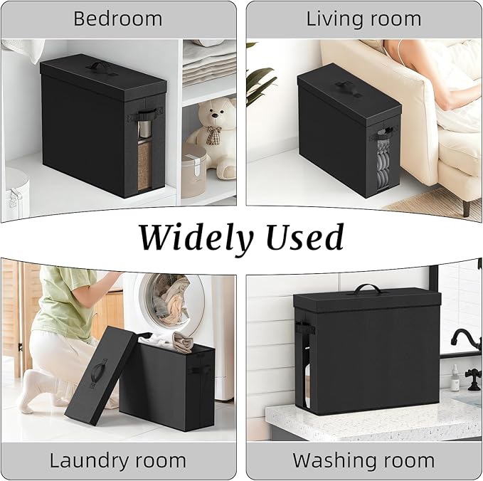 NAMTSO Bathroom Toilet Paper Storage with Lid - for Up to 12 Rolls | Storage Bins with Lids for Towel or Yarn | Free Standing | Foldable | Moisture Resistant | Clear Plastic Window | Black | 2 Pack