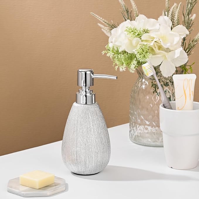 Brushed Silver Ceramic Soap Dispenser, 11 oz Textured Hand or Dish Soap Dispenser with Silver Plastic Pump for Bathroom or Kitchen Countertop
