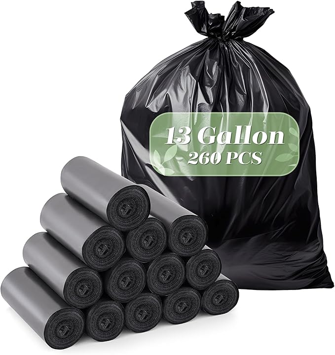 Jaoul Trash Bags 13 Gallon, Strong Tear & Leak Resistant Large Garbage Bags, 0.97 Mil Extra Strong Trash Bags for Kitchen, Bathroom, Office, Restroom, Car, Black, 260 Counts