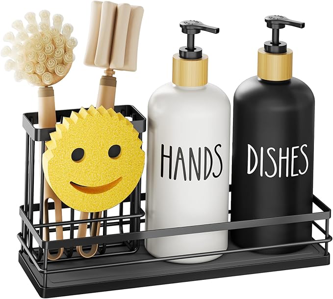 Moforoco Kitchen Dish Soap Dispenser Set, 16OZ Glass Bottle, Hand and Dish Soap Dispenser Set, Instant Dry Tray, Non-Slip Silicone Pad, Brush Holder with Smiley Face Sponge Holder, Kitchen Decor