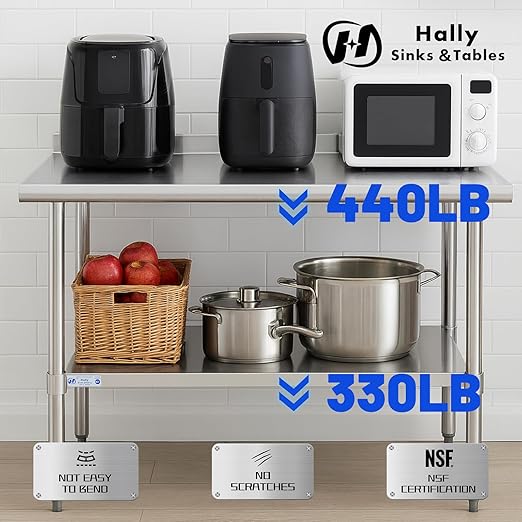 Hally Stainless Steel Table for Prep & Work 30 x 30 Inches, NSF Commercial Heavy Duty Table with Undershelf and Backsplash for Restaurant, Home and Hotel