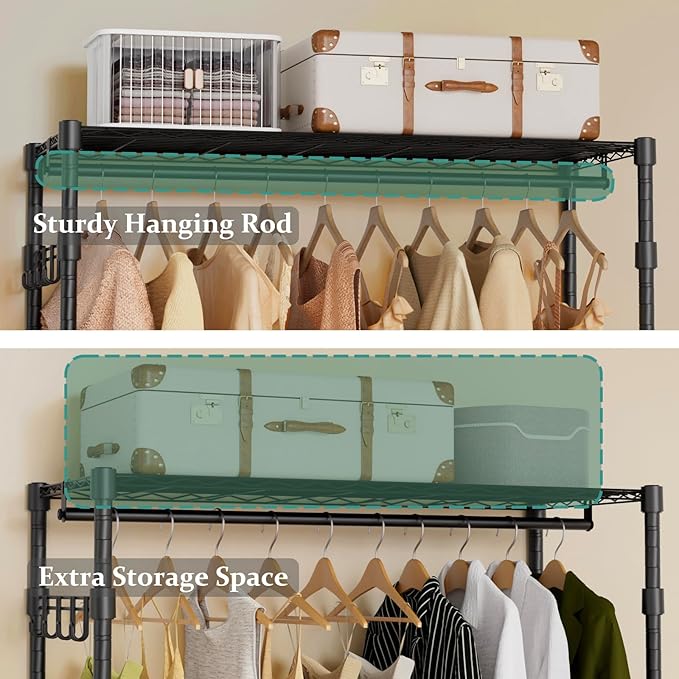 Heavy Duty Rolling Garment Rack, 3 Tiers Wire Shelves Adjustable Freestanding Portable Rolling Clothing Rack with Lockable Wheels, 44.9''L x 15.8''W x 78.8''H, Max Load 600LBS