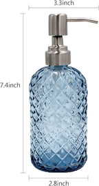 16 oz Diamond Pattern Glass Soap Dispenser, Kitchen and Bathroom Refillable Soap Dispenser with Rust Resistant Stainless Steel Pump for Hand Soap, Lotion Glass Liquid Dispenser (Blue)