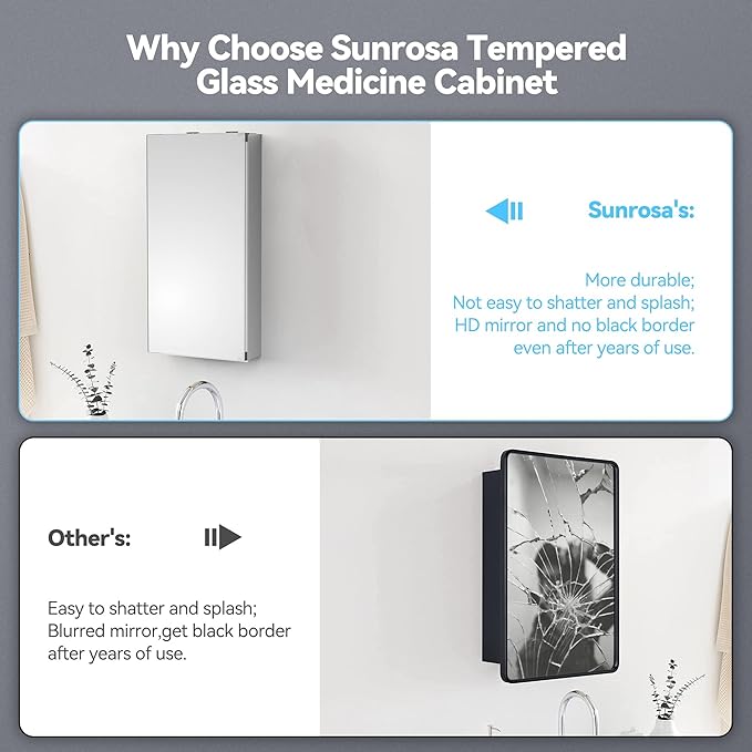 Sunrosa Medicine Cabinet with Mirror, 16" W x 31.5" H, 1 Door, Wall-Mounted & Recessed Bathroom Medicine Cabinet with Tempered Glass Mirror