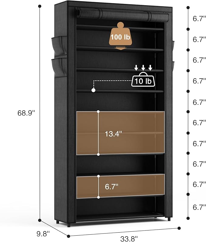 ROJASOP 10 Tier Shoe Rack with Covers,Large Capacity Stackable Tall Shoe Shelf Storage to 50-55 Pairs Shoes and Boots Sturdy Metal Free Standing Shoe Rack Organizer for Closet Entryway Garage
