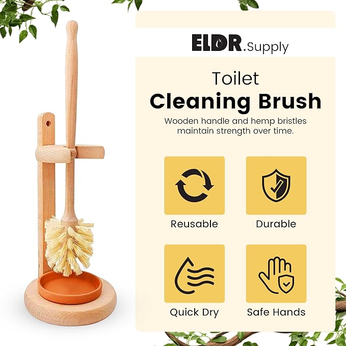 Toilet Bowl Cleaner Brush with Holder, 14 Inch Extra Long German Beechwood Handle, Strong Hemp Bristles, Ceramic Drip Tray, Biodegradable