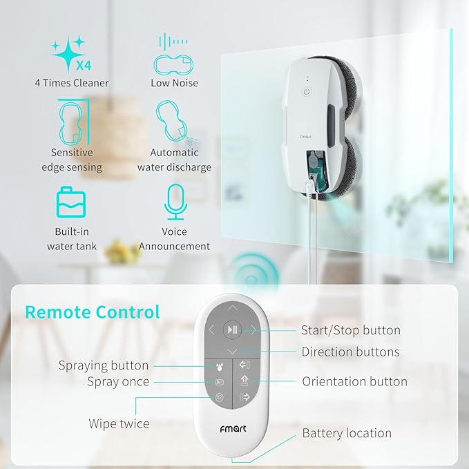FMART T9Pro Window Cleaning Robot, Ultrasonic Atomization Intelligent Water Spray, 3800PA Suction Power, AI Intelligent Path Planning, Edge Detection Technology, Remote Control Robot Window Cleaner