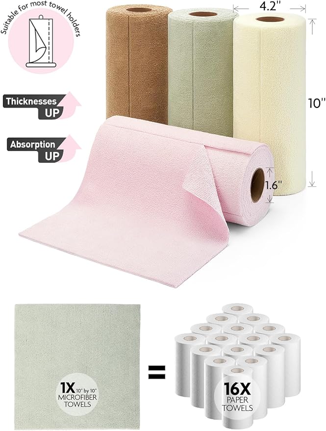 Fantasticlean Tear-Away Dish Cloth- 80 Sheets, 4 Rolls - 10'' by 10'', Reusable Washable Kitchen Towels, Super Absorbent Microfiber Cleaning Cloths (Pink,Grayish,Beige,Tan)