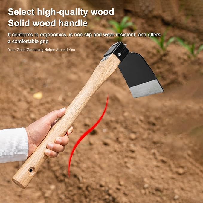 15 Inch Japanese Style Hoe, Heavy Carbon Steel Wide Hoe，Solid Wood Handle，Garden Hoe for Digging，Gardening Tool, for Digging, Weeding, and Planting (1, Black & Wood Color)