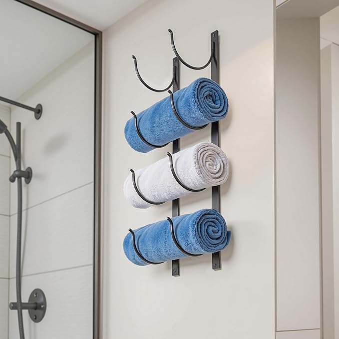 Bathroom Rolled Towel Rack: 4-Tier Wall Mounted Towel Storage Holder, Hanging Organizer for Towels, Blankets, Large Bath Sheets, Space Saving in RV, Closet, Toilet, Cabinet, Black Metal