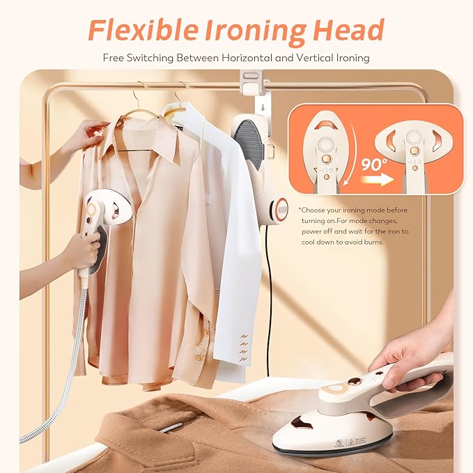 Handheld Steamer for Clothes, 1500W Garment Steamer Steam Iron with Large Soleplate, 390ml Detachable Water Tank, 2 Steam Levels/Pulse Steam/Dry Iron, 20s Heat Up, for Apartment/Hotel/Home