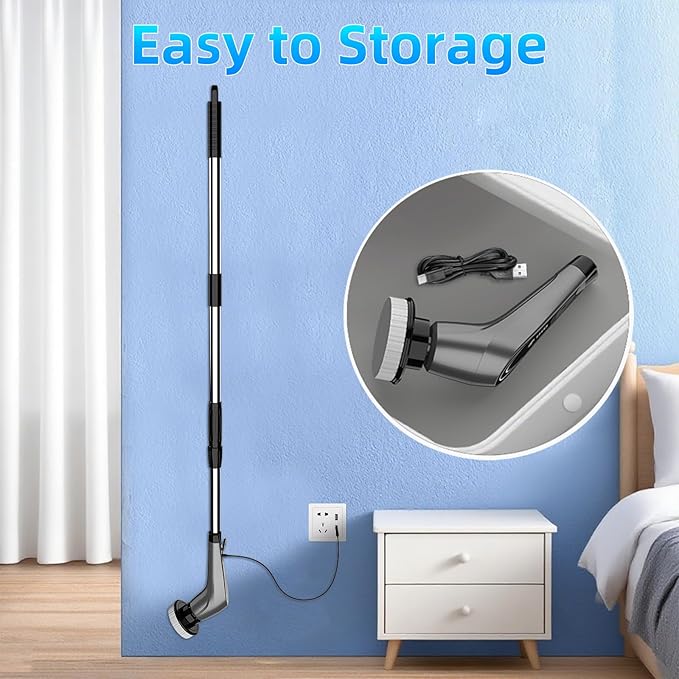 Gray Electric Spin Scrubber, Cordless Spin Scrubber with 8 Replaceable Brush Heads, Electric Scrub Brush with Adjustable Extension Handle, Electric Cleaning Brush for Bathroom, Tile and Bathtub