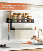 Paper Towel Holder Wall Mount for Kitchen, One-Handed Tear, Bathroom Paper Towel Holder with Shelf, RV Paper Towel Rack Wall Mount Paper Roll Holder with 4 Hooks, Matte Black