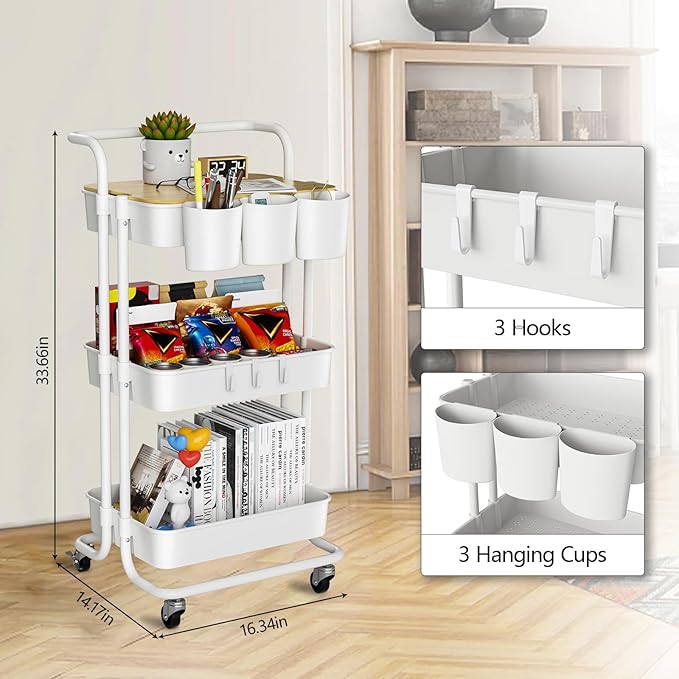 3 Tier Rolling Cart with Metal Handle, Table Top, Hanging Cups, Hooks, Plastic Storage Baskets& Wheels Lockable, Utility Cart for Bathroom Classroom Office Kitchen Pantry Organizers and Storage, White