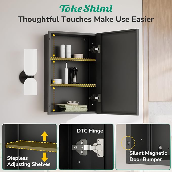 TokeShimi 36x24 Recessed Medicine Cabinet with Mirror Black, Beveled Bathroom Mirror with Storage Aluminum, Surface Mounted Metal Medicine Cabinets for Bathroom Vanity Wall