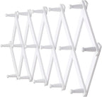 Dseap Accordian Wall Hanger: 16” High Wooden Wall Expandable Coat Rack, Hat Rack Holder, Accordion Hook for Baseball Caps, Coats, Mugs, 16 Peg Hooks, White