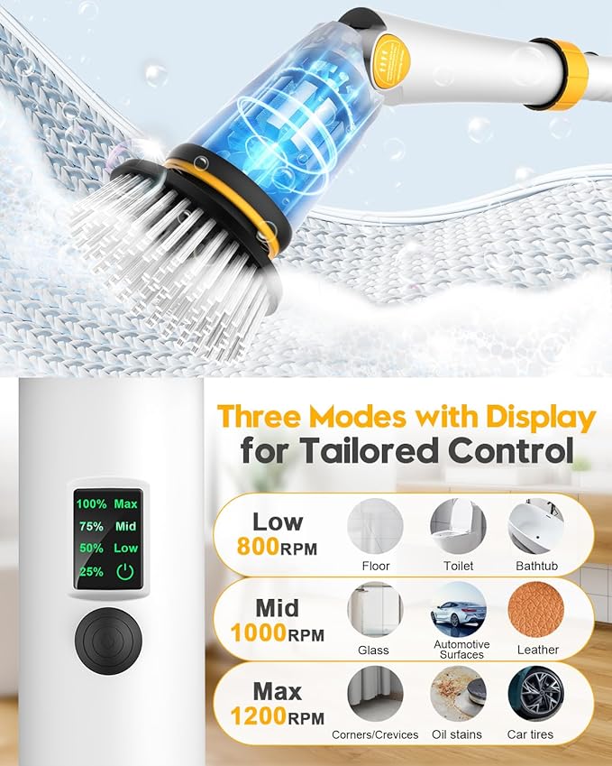 1200 RPM Powerful Electric Spin Scrubber with 8 Cleaning Brush, 2 Battery Cordless Shower Scrubber with 3 Speeds Display & 50inch Retractable Handle, IPX7 Waterproof Power Scrubbers for Deep Cleaning