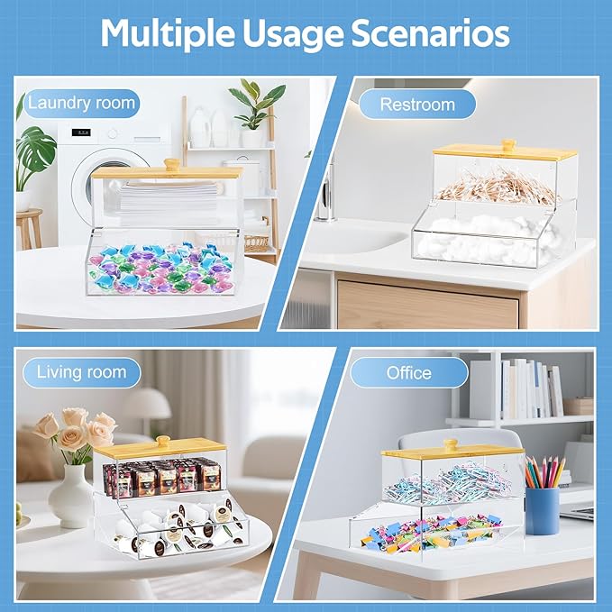 JYPS Laundry Pods Container&Dryer Sheet Holder 2in1.Transparent Acrylic Double-Layer Storage Box With Bamboo Lid. The Large Capacity Design Makes It Easy To Store And Organize Your Belongings Neatly
