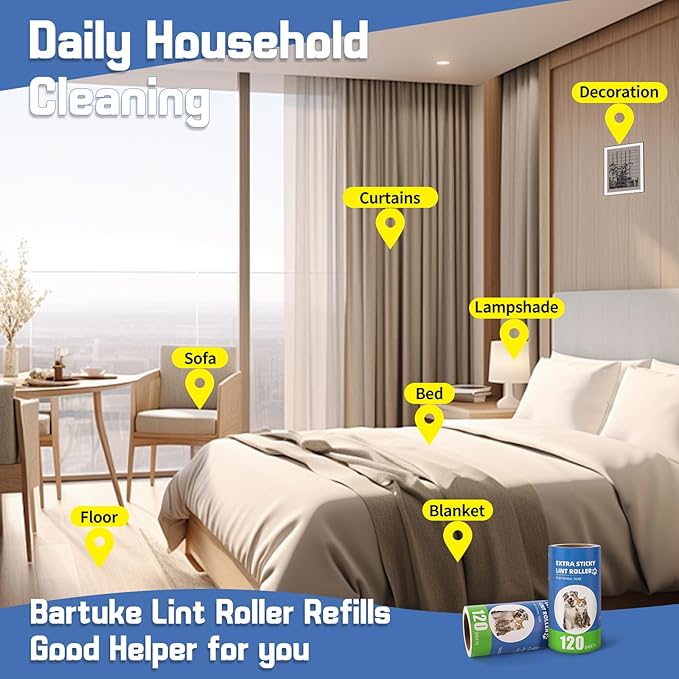 Extra Sticky Lint Roller Refills 10 Pack (1200 Sheets) fit 3.8"-4" Standard Size Lint Roller Sticker with Inner Diameter at 1.5" for Pet Hair, Clothes, Furniture, Cars, No Handle Included