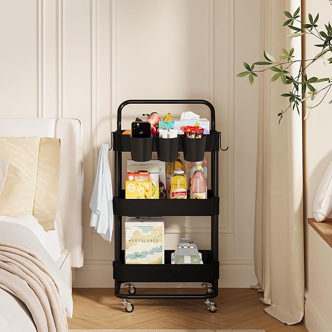 Buzowruil 3-Tier Rolling Utility Cart, Storage Cart with Handle Multi-Purpose and Locking Wheels,with Hanging Basket and Hook for Office, Kitchen, Bathroom,Black