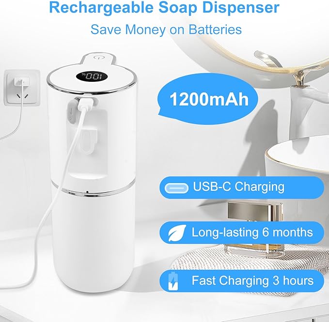 Automatic Soap Dispenser Touchless, 6-Level Foaming Hand Soap Dispenser for Bathroom Kitchen, 1200mAh Rechargeable Dish Soap Dispensers,12.8oz/380mL,Waterproof,Hands-Free,Wall Mount