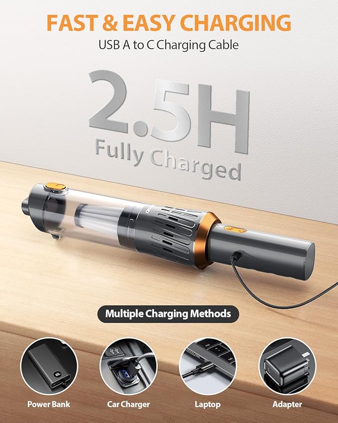 Handheld Vacuum Cordless 15000PA Car Vacuum 3-in-1 Hand Held Vacuums 1.1 Pounds Hand Vac Cordless Rechargeable One-Touch Empty for Cleaning Cars Offices Homes Pet Hair and Dust (Orange)