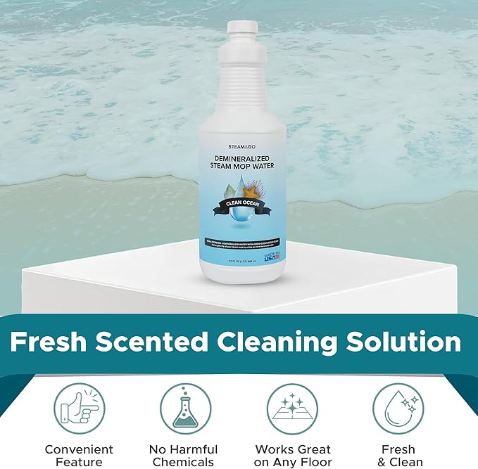 Steam & Go Demineralized Water - Multi-Surface Cleaner, PVC-Free Ready-to-Use for Mops & Floor Steamers - Ideal for Kitchen, Bathroom, & Home Surfaces - Clean Ocean Scent - 32oz (Pack of 12)